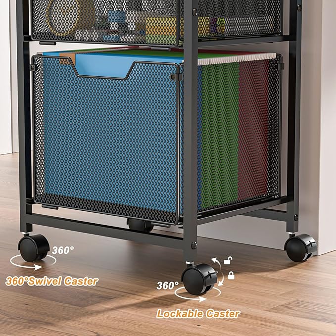 Feyejade 6-Tier Rolling File Cart Multi Mobile Drawer Cabinet Black | File cabinet organizer with wheels, letter size filing storage cart, home office hanging folder storage for teacher