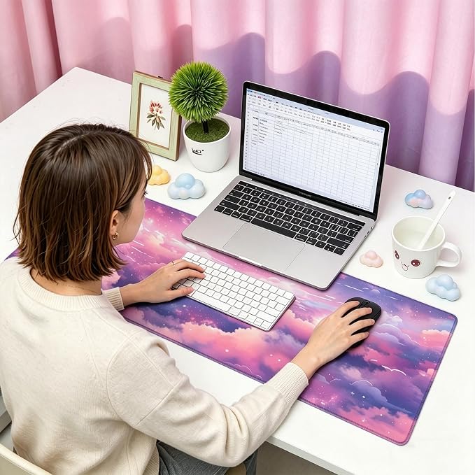 Pretty Cloud Desk Mat,Large Cute Pink Purple Sky Mouse Pad,31.5x12in | Starry Sky Gaming Mousepad,Extended Girly Galaxy Desk Decor Deskmat for Women,Pastel Colorful XL Keyboard Mat,80x30 cm