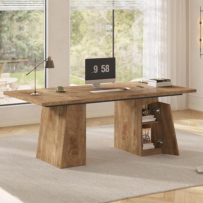 63 in Executive Desk with Power Outlets, Modern Home Office Desk with Storage Cabinet, Wood Computer Desk Business Workstation Desk Conference Table (Oak)