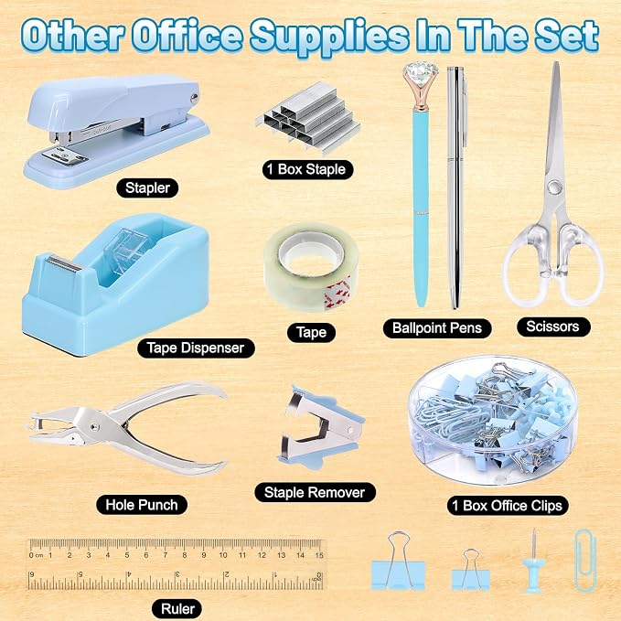 13-in-1 Office Desk Organizer Set for Back to School Supplies Accessories | Organizer Set with Stapler and Tape Dispenser, Pen Holder, Scissors, Ruler, Hole Punch, 2 Pens & More Desk Supplies