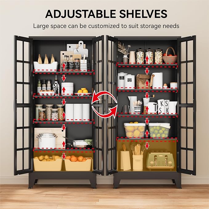 COFaR 71" Black Metal Pantry Cabinet with Glass Doors for Living Room | 5-tier pantry and display cabinet with glass doors and 4 adjustable shelves for kitchen, dining room, living room or office.