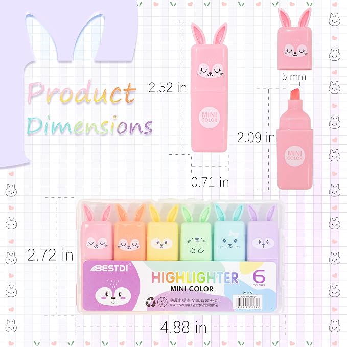 Rabbit Pastel Highlighters, 12 Soft Colors, Chisel Tip Markers | Cute No Bleed & Quick Dry Highlighters for School, Journals & Notes