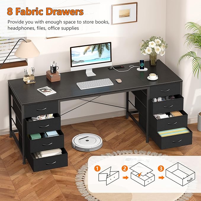 60 Inch Computer Desk with 8 Drawers for Home Office, Bedroom, Living Room | Home Office Desk with Power Outlets, Work Study Gaming Desk with 8 Fabric Drawers, White