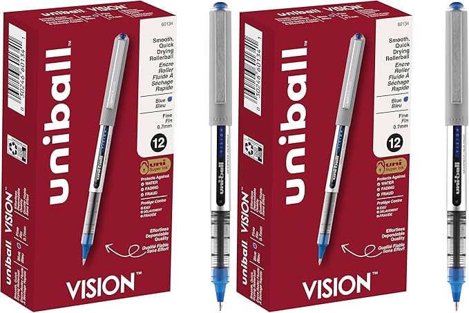 Uni-Ball uniball Vision Rollerball Pens with 0.7mm Fine Point,Blue,(Pack of 24)