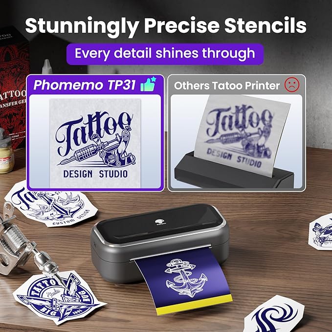 Phomemo TP31 Mini Tattoo Stencil Printer,Bluetooth Tattoo Printer with 30pcs Transfer Paper,Tattoo Machines Printers for Tattoo Beginners & Artists Temporary Tattoo Maker