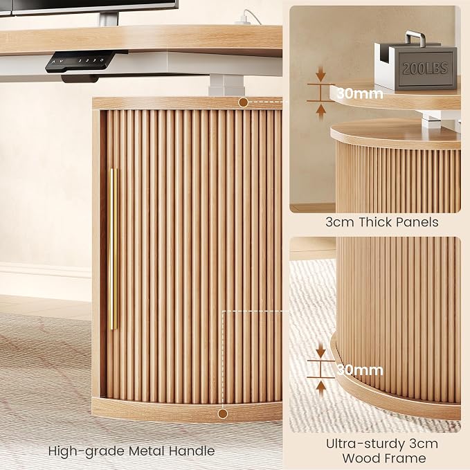 SEDETA 57" Standing Desk with Storage, Electric Height Adjustable Executive Fluted Desk with Curved Cabinets, Computer Desk with Power Strip for Home Office, Light Oak