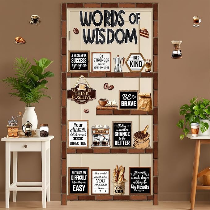 Mooliwe 57 Pcs Coffee Bulletin Board Set Inspirational Classroom Cutouts | Industrial Style for School Office, Coffee Shop Chalkboard Door Decor, Motivational Quotes for Classroom Wall Display