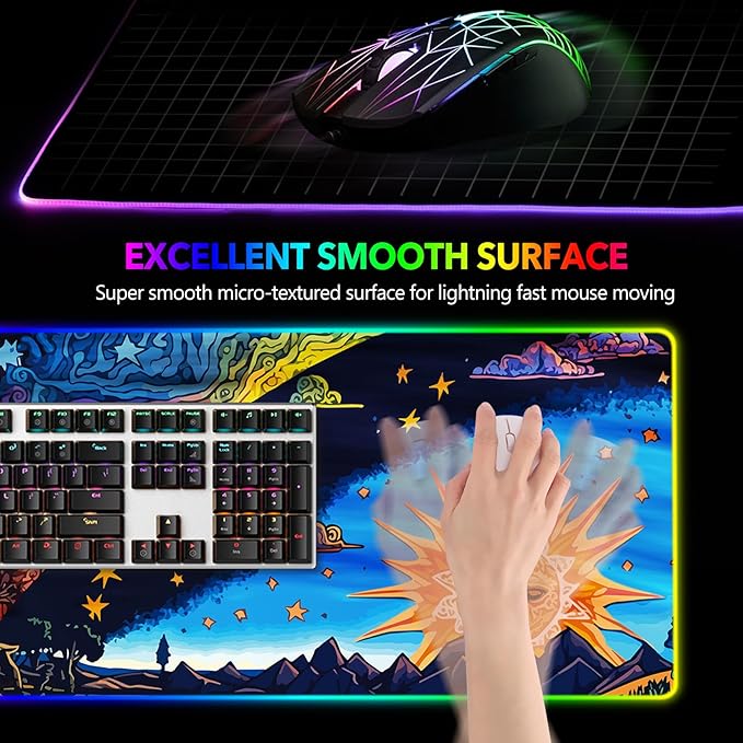 AIMSA Large Gaming Mouse Pad RGB, Keyboard Led Mousepad Extended 35.4 x 15.8 inch Non-Slip Rubber Base with 14 Lighting Modes Desk Mat, Abstract Sun