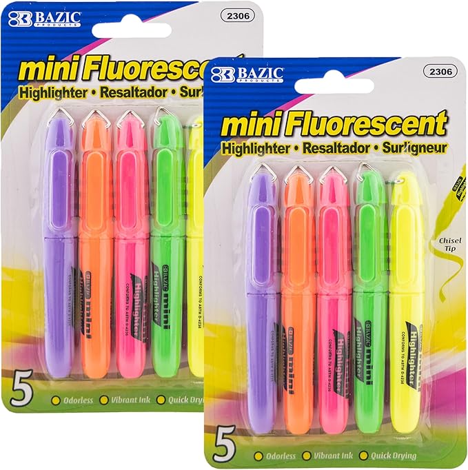 BAZIC Products Mini Highlighter Pen Assorted Color, Chisel Tip Broad Fine Line Highlighters, Unscented Highlighting Coloring for School Office (5/Pack), 2-Packs
