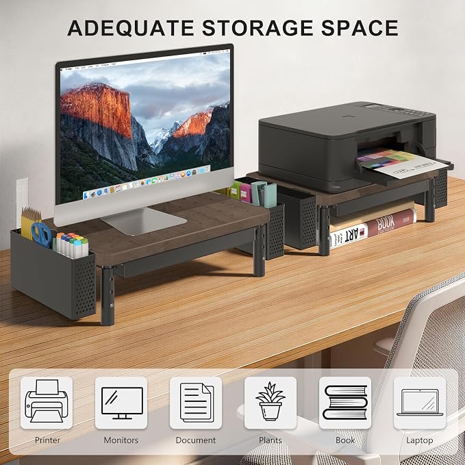 WALI Computer Monitor Stand with Storage and Pen Holder | 3 Height Adjustable Desk Organizer with Drawer, Desk Laptop Monitor Riser for Computer, Printer(PTT003-C), 1 Pack, Brown