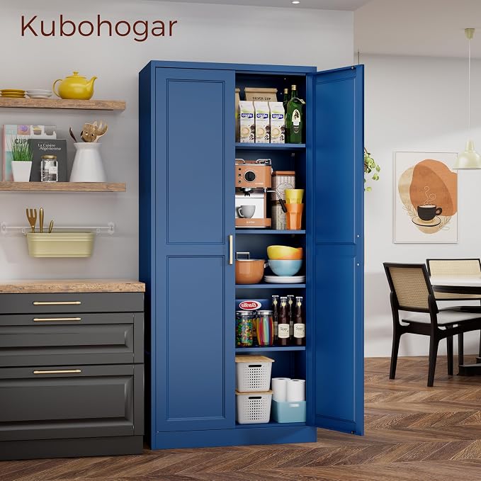 71" Tall Metal Kitchen Pantry Cabinet, Storage Cabinet with Doors | Kitchen Cabinet with 4 Adjustable Shelves, Tall Food Pantry Cabinet, Blue Cupboard for Kitchen, Dining Room, Garage & Office