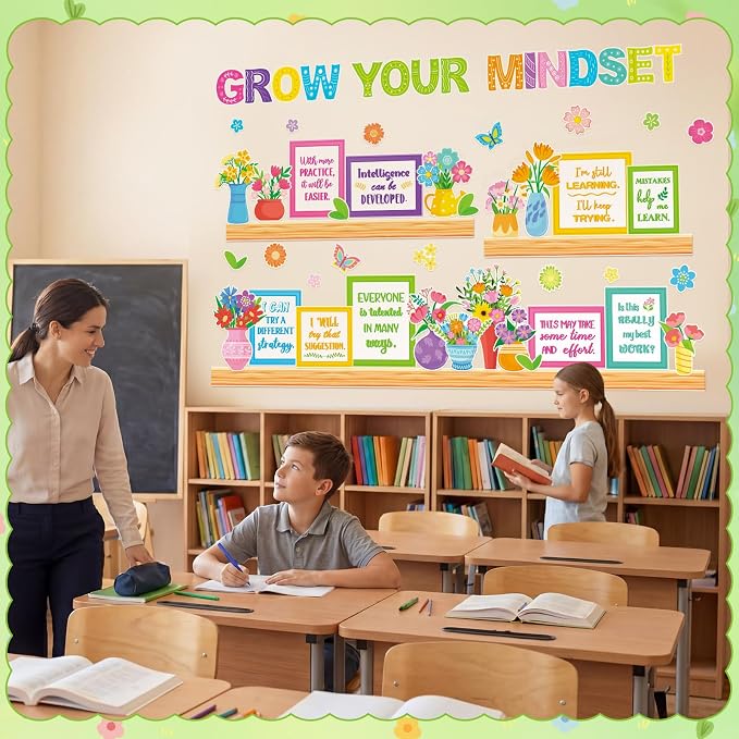 Qilery Growth Mindset Bulletin Board Set - Spring Floral Classroom Decor | Growth Mindset Positive Affirmation Wall Art, Motivational Potted Plant Cutouts for Teacher & Elementary School Counselor