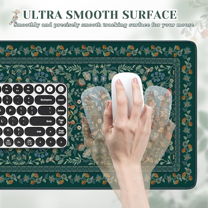 iCasso Aesthetic Floral Desk Mat,Retro Mouse Pads,31.5x11.8in,Deep Green | Anti-Slip Mousepad with Stitched Edges, Waterproof Computer Pad, Desk Accessories Office Decor for Women