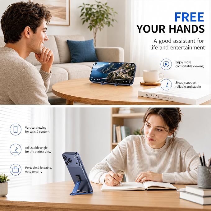 Portable Foldable Pocket Phone Stand with Keychain for Desk Travel(Blue) | Mini aluminum, adjustable kickstand, lightweight metal, slim compact for office, plane