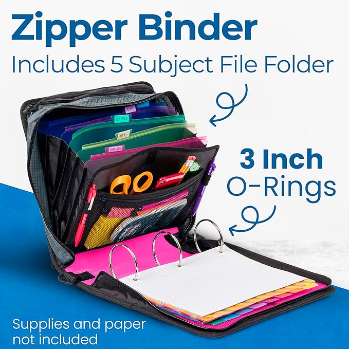 Case-it School Zipper Binder | 3-Inch O-Rings | 600-Sheet | D-146 Magenta | Mighty Zip Tab, 5-Subject Expanding File Folder, Multiple Pockets, Storage Organizer, Shoulder Strap, 6-Pack, Office
