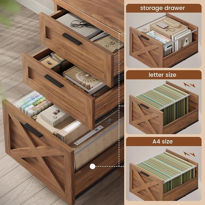 SEDETA 67" Farmhouse L Shaped Desk with 3 Drawers, Executive Home Office Desks with Storage Shelves, Corner Computer Desk with Power Outlets for Home Office, Brown | Executive Home Office Desks with Storage Shelves, Corner Computer Desk with Power Outl...