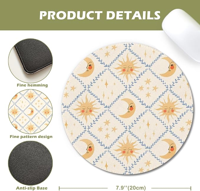 Boho Celestial Sun and Moon Round Mouse Pad 7.9x7.9in | Watercolor Sun and Moon Mystical Astrology Mousepad Mouse Mat for Computer Laptop Home Office Dorm Desk Accessories