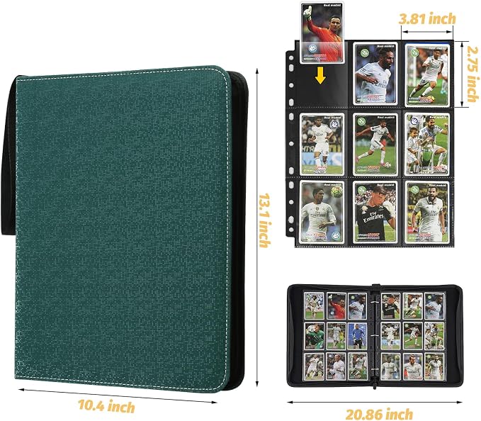 GERMUN 3 Ring 9 Pocket Zipper Card Binder, 720 Double Sided Standard PU Trading Card Album Folder for TCG & Sports Cards, Not Fit Top Loaders (Dark Green2)