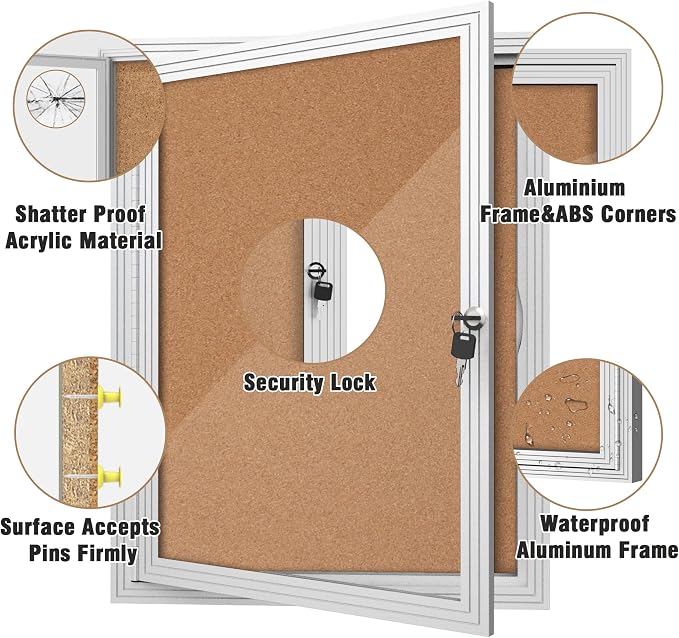 Mifuro 26"x20" Enclosed Bulletin Board, Outdoor Lockable Weather-Resistant Aluminum Cork Noticeboard for School & Office, Silver Frame w/Cork