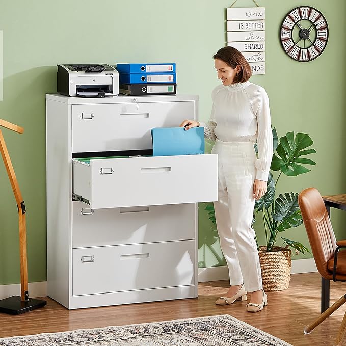4 Drawer File Cabinet with Lock, Metal Lateral Filing Cabinet Wide Office Organization Storage for Home Office Hanging Letter/Legal/F4/A4 (White-Requires Installation)