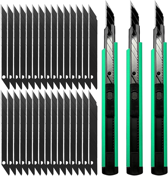 FOSHIO Retractable Utility Knife with 30 Degree Snap Off Blade 9MM, Box Cutter for Carton, Cardboard and Box, Office, Home Use, 3 Pack Green Aluminum Handle Knife with Extra 30 Replacement Blades