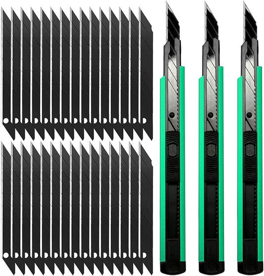 FOSHIO Retractable Utility Knife with 30 Degree Snap Off Blade 9MM, Box Cutter for Carton, Cardboard and Box, Office, Home Use, 3 Pack Green Aluminum Handle Knife with Extra 30 Replacement Blades