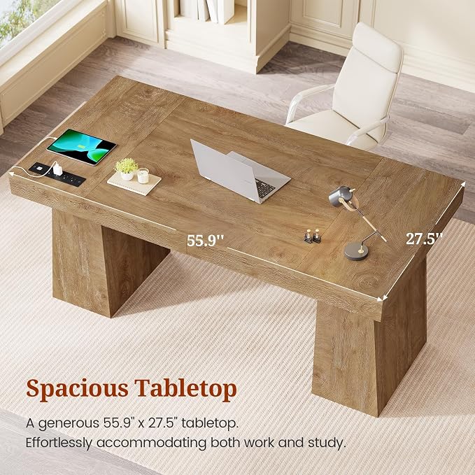 55.9 in Executive Desk with Power Outlets, Modern Home Office Desk with Storage Cabinet, Wood Computer Desk Business Workstation Desk Conference Table, Oak (Storage Cabinet)