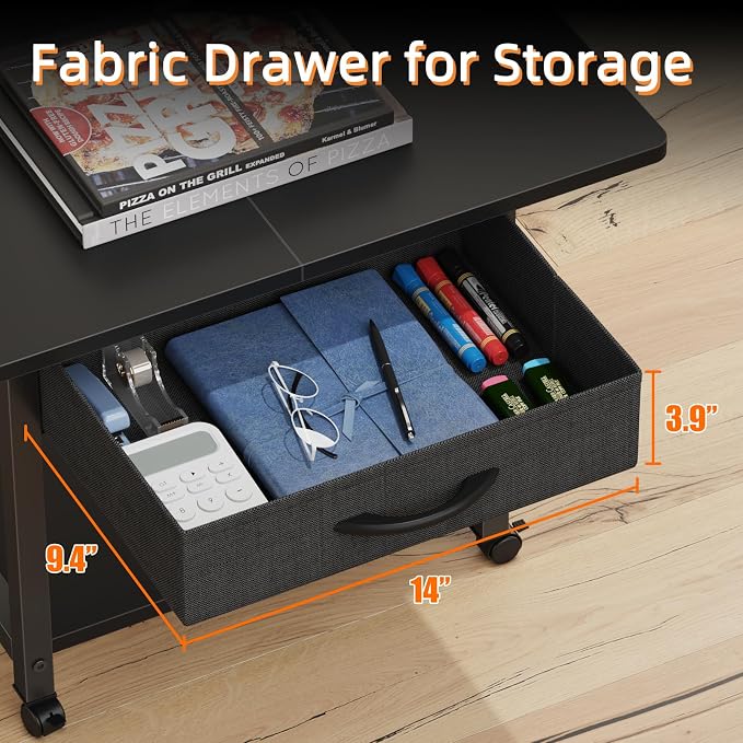 YAOHUOO 22"x15" Large Printer Stand with Drawer, 2-Tier Rolling Table Cart | Under Desk Printer Table,Storage Fabric Drawer,Fit printer/fax/3d/scanner,4 Lock Wheels or Feet,For Home Office Dorms,Black