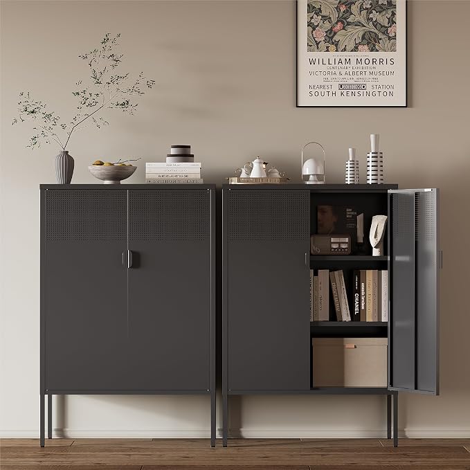 Metal Storage Cabinet,2 Door TV Stand, Metal Mesh Accent Cabinet | Magnetic Door Closure,Low Storage Cabinets with Doors and Shelf for Home,Office,Living Room