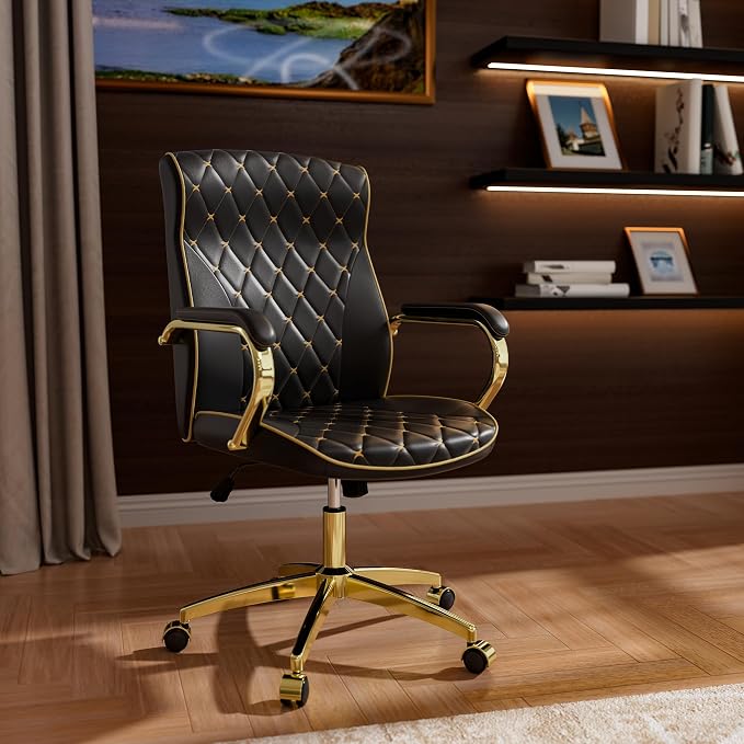 Black and Gold Office Chair, Luxury Leather Executive Desk Chair | Elegant Timeless Appeal, Vintage Mid Back Styling with Wheels and Padded Arms, Thick High Density Foam Comfort