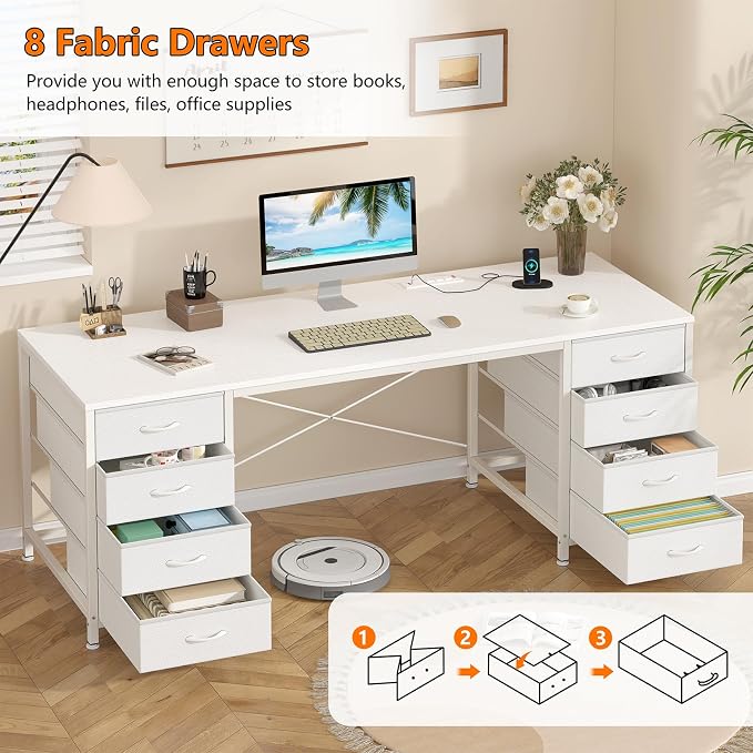 60 Inch Computer Desk with 8 Drawers for Home Office, Bedroom, Living Room | Home Office Desk with Power Outlets, Work Study Gaming Desk with 8 Fabric Drawers, White