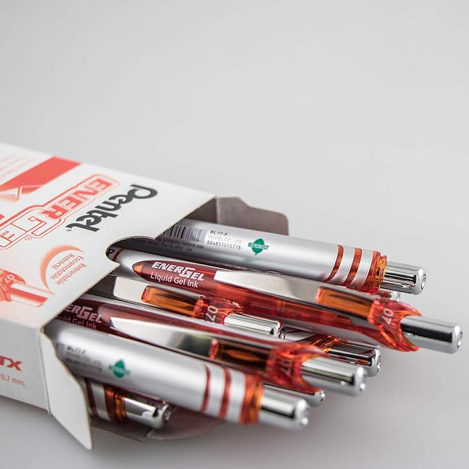 EnerGel RTX Retractable Liquid Gel Pen, (0.7mm) Metal Tip, Medium Line, Orange Ink, Box of 12 (BL77-F)