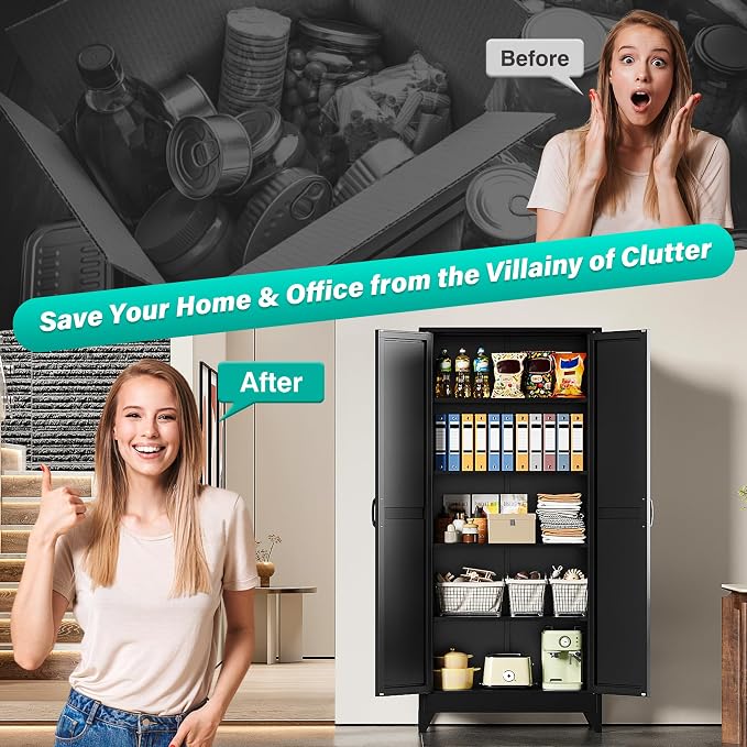 Wide & Deep Pantry Storage Cabinets with 2 Doors and 5 Shelves,Tall Storage Cabinet,Large Cupboard Closet,Farmhouse Storage Cabinet for Home,Kitchen,Dining/Living Room (Black, 72" H)