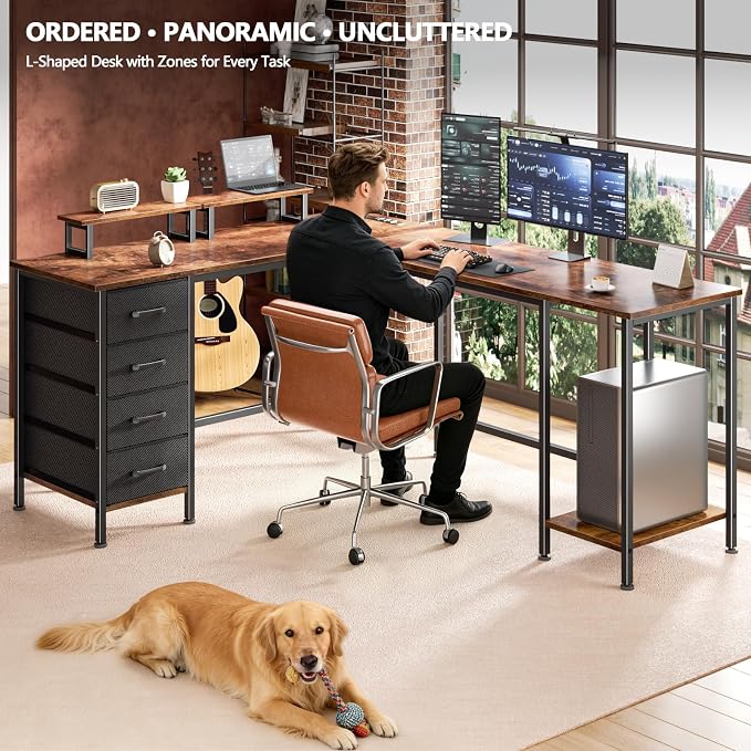 Korfile 66 inch L Shaped Computer Desk with Power Outlets, Rustic Brown | Ideal for Home Office, Bedroom, Corner, 4 Adjustable Storage Drawers, 2 Monitor Stands, Reversible, Two Person Gaming Table