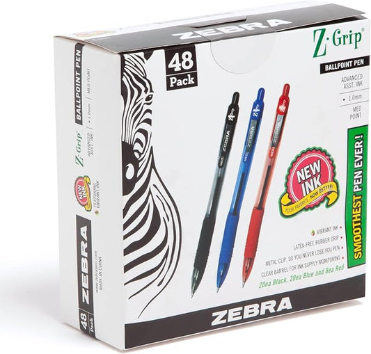 Zebra Pen Z-Grip Retractable Ballpoint Pen, Black, Blue, Red, 1.0mm, 48-Pk | Smooth Writing, Medium Point Tip, Ideal for Planners, Note-Taking, School and Office Supplies, and Everyday Writing (22048)
