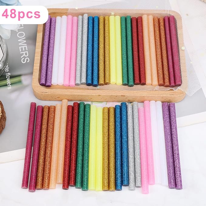 Manarty Glitter Color Hot Glue Stick, 48 PCS 0.27" Dia x 4" Long Mini Hot Melt Glue Sticks Colored, Adhesive EVA Glue Sticks Standard for Sealing Repairing Stamp DIY Art Handmade Car Craft Decoration
