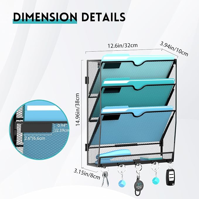 4-Tier Wall File Organizer and Mail Organizer with 5 Hooks, Black | Label slots, curved openings, 5 key hooks, and a bottom tray support organized mail, file, and everyday item storage.