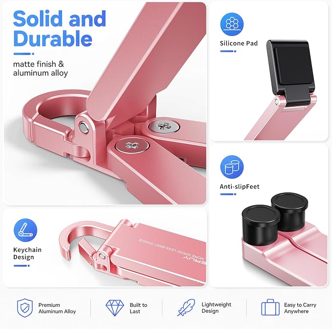 Portable Foldable Pocket Phone Stand with Keychain for Desk Travel(Pink) | Mini aluminum, adjustable kickstand, lightweight metal, slim compact for office, plane