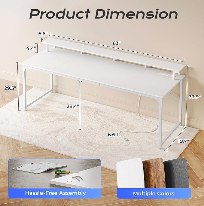 63 inch Gaming Desk, LED & Power Outlets, Monitor Stand, White | Sturdy PC Desk for Home Office, Study & Work, LED Lights, 4 AC Outlets & USB-C Charging Station