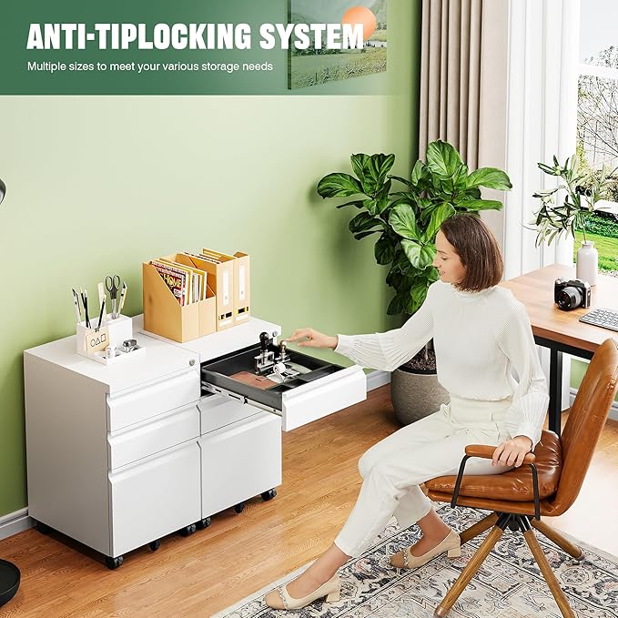 3 Drawer Mobile File Cabinet with Lock, Under Desk Metal Filing Cabinets for Home Office Organizer Letters/Legal/A4(Fully Assembled-White)
