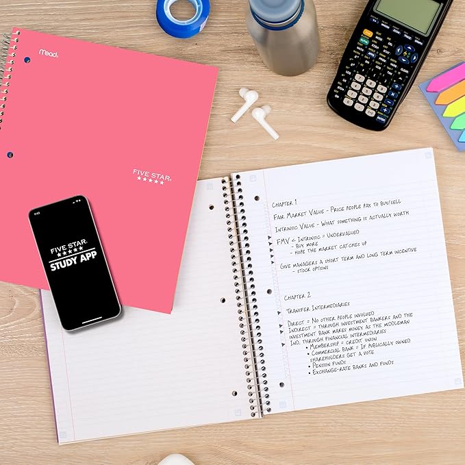 Five Star Spiral Notebook + Study App, 1 Subject, College Ruled Paper, 8-1/2" x 11", 100 Sheets, Fights Ink Bleed, Water Resistant Cover, Prom Pink (820002R)