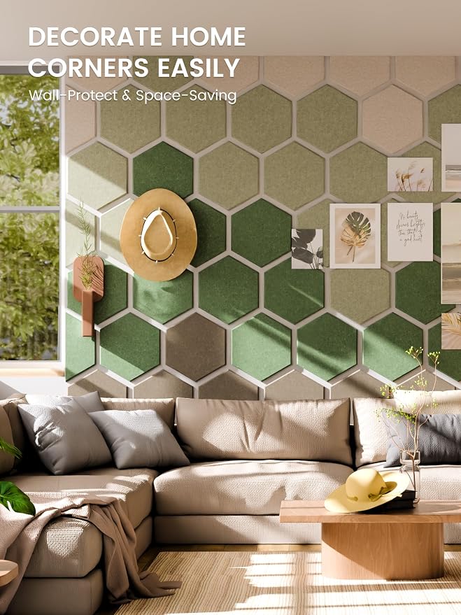 Fluxynara 8-Pack Hexagon Felt Bulletin Board Tiles, Moss Haven | Cork Board Alternative with 50 Adhesive Tabs for Notes, Photos and Reminders in Home Offices, Dorm and Classrooms