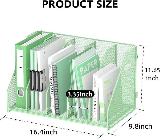 Binder Organizer, Magazine File Holder with 5 Vertical Compartments Rack, Metal Desk File Organizer & Binder Holders, Magazine Organizers for Office Desktop, Home, School (Green)