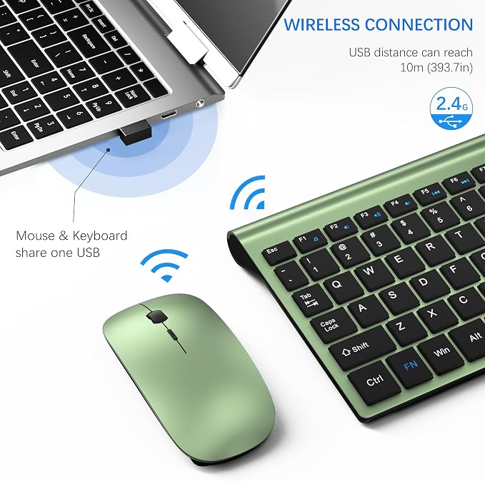 Wireless Keyboard and Mouse Ultra Slim Combo, TopMate - Green Black | 2.4G Silent Compact 2400DPI Mouse and Scissor Switch Keyboard Set with Cover, Batteries Included, for PC/Laptop/Windows/Mac