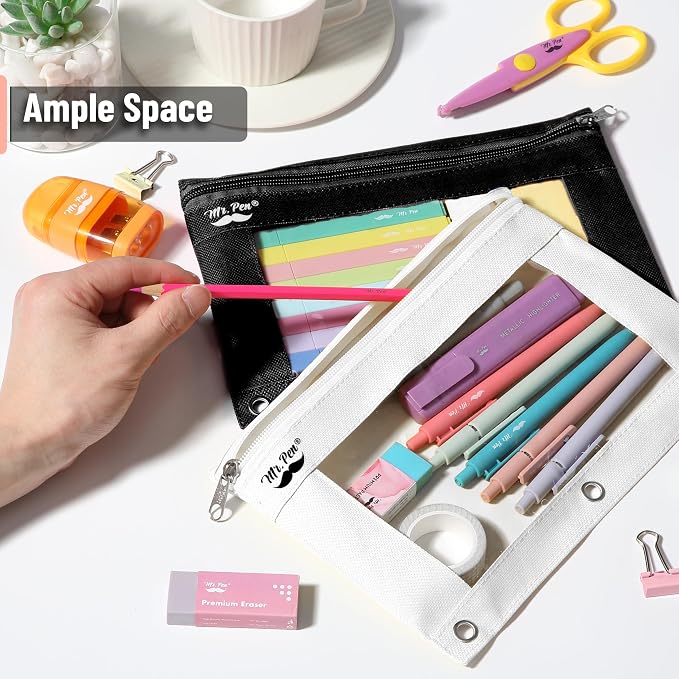 Mr. Pen- Pencil Pouch for 3 Ring Binder, 2 Pack, 10"x6.75", Smooth Zipper | Clear Window, Large Capacity Pencil Case with 3 Reinforced Grommets for School, Office, Supplies Storage | Clear Window, Large Capacity Pencil Case with 3 Reinforced Grommets f...