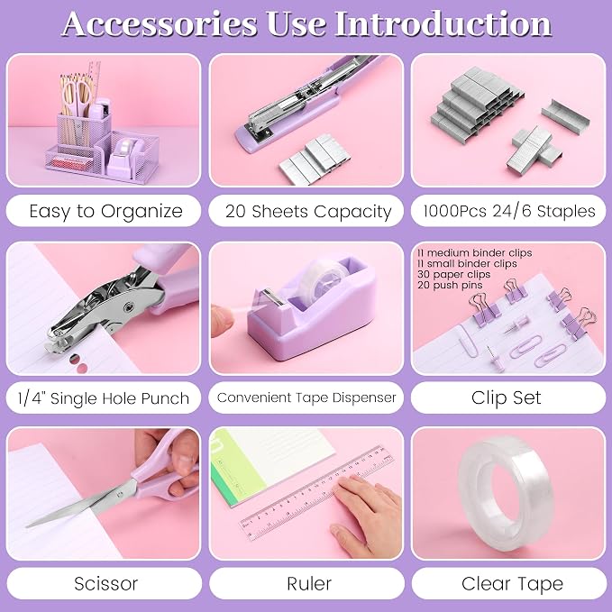 Purple Office Desk Accessories, 9 Pcs Desk Organizers and Accessories with Mesh Pen Holder, Stapler, Tape Dispenser, Hole Punch, Office Supplies Set for Office Home School Women Students Gift