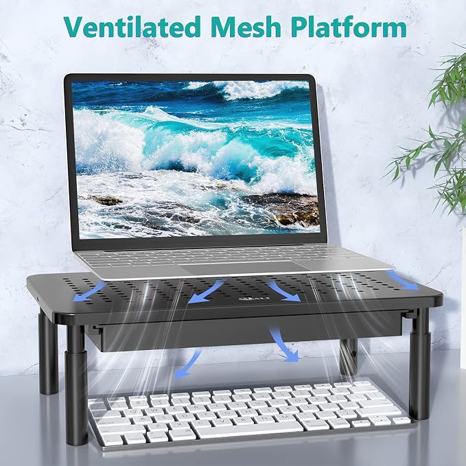 WALI Computer Monitor Stand with Storage, Desk Monitor Riser 3 Height Adjustable, Laptop Riser with Airflow Vents, Desk Organizer for Computer, Laptop, Printer, Notebook (STT003D-B), 1 Pack, Black | 3 Height Adjustable Laptop Monitor Riser with Airflow...