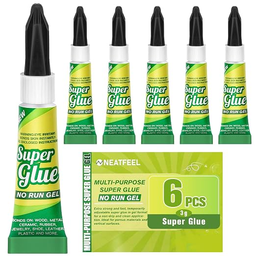 Super Glue Gel Clear 3 Gram (Pack of 6) for Plastic Metal & Wood – Instant CA Adhesive All Purpose Multipack, Cyanoacrylate Glue for Ceramic 3D Printing Shoe Crafts, Strong Bonding Single Use Minis