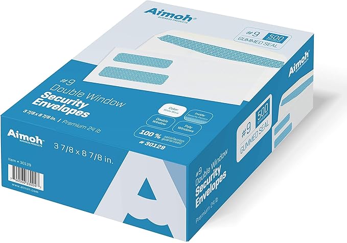 Aimoh #9 Double Window Security Business Mailing Envelopes for Invoices, Statements and Legal Documents - GUMMED Closure, Security Tinted - Size 3-7/8 x 8-7/8 - White - 24 LB - 500 Count (30129)
