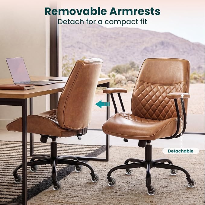 NEO CHAIR Brown Leather Office Chair with Ergonomic Design, Swivel Chair | Modern Computer Desk Chair with Genuine Leather, Lumbar Support, Removable Arms, Comfy Chair for Home Office, Smooth Rolling
